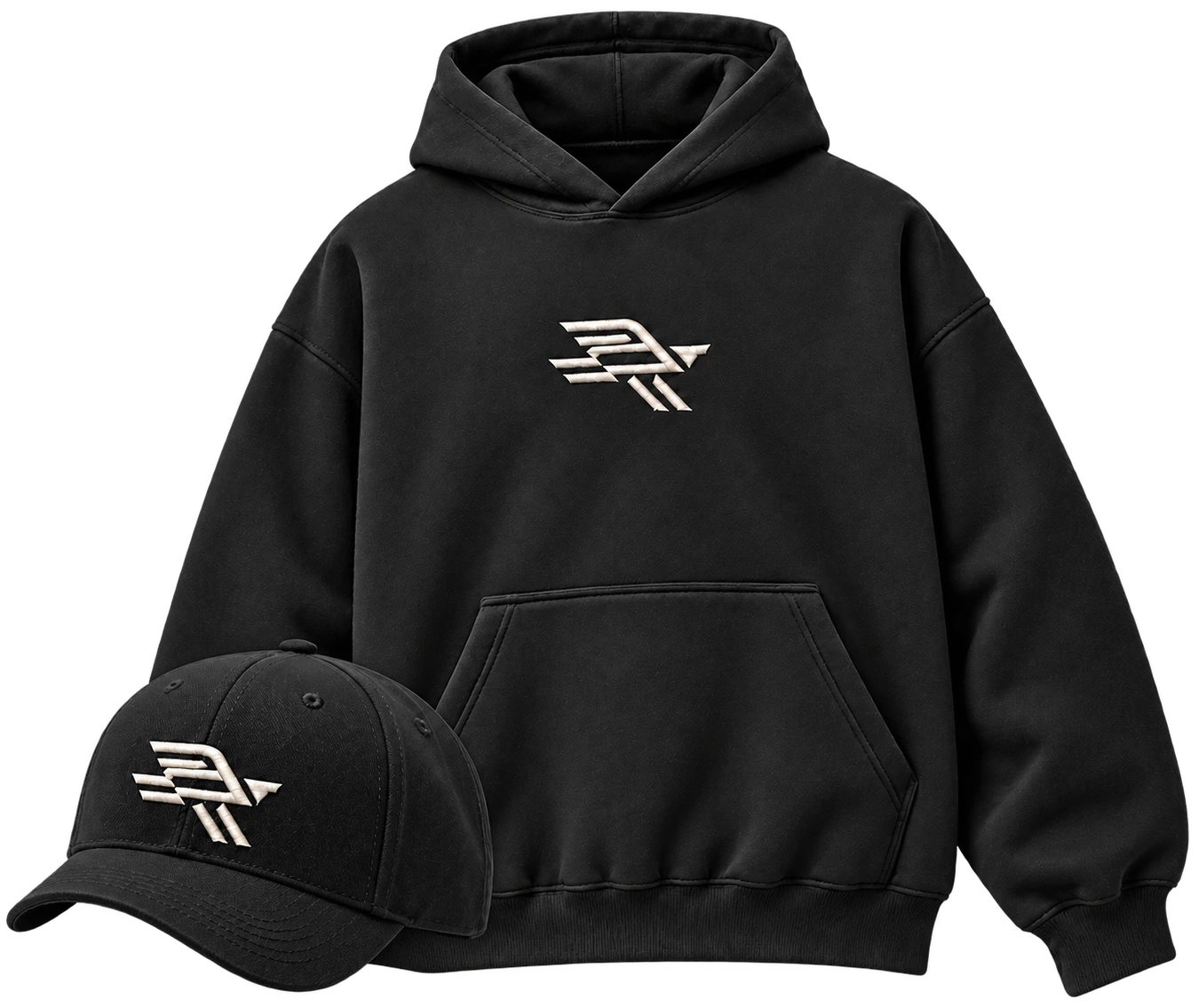 Svart Hööken-hoodie och svart Hööken-keps med ljus höksymbol.